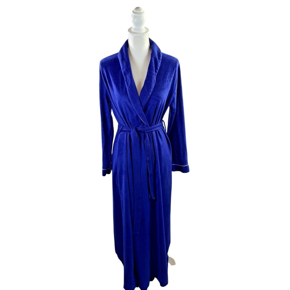 Vintage Carole Blue‎ With White Piping Micro Fleece Long Robe Tie Waist Size M